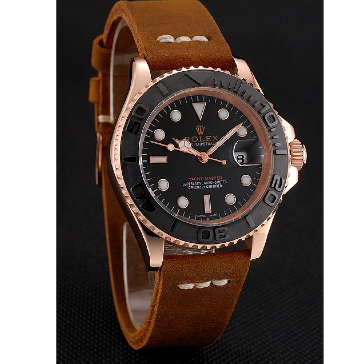 Aaa replica watch Bracelet Master Gold Brown 1453861 Case Dial Rose Leather Rolex Black Yacht 0602